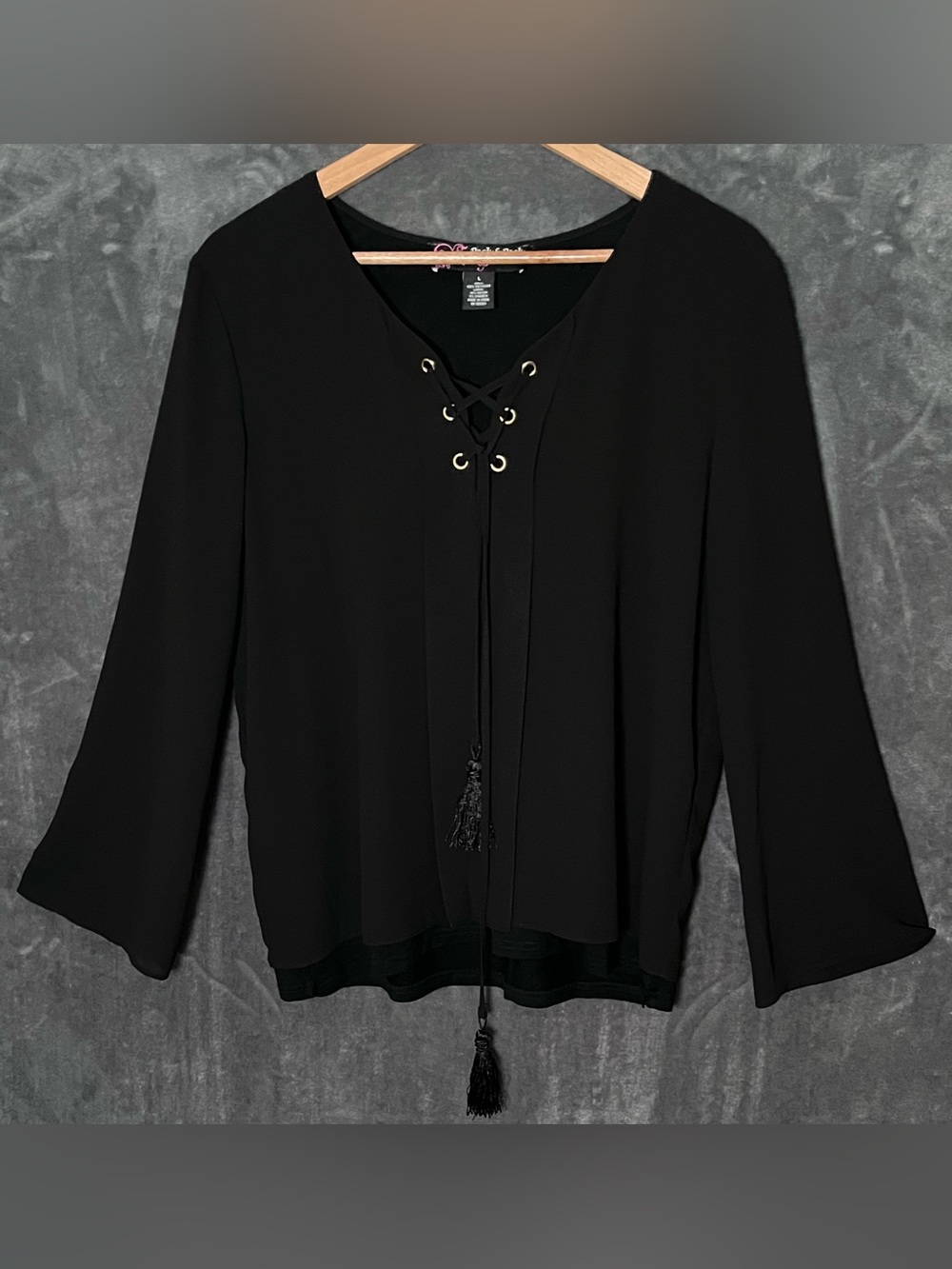 Peck & Peck L Black Sheer Tasseled Ren Fair Blouse